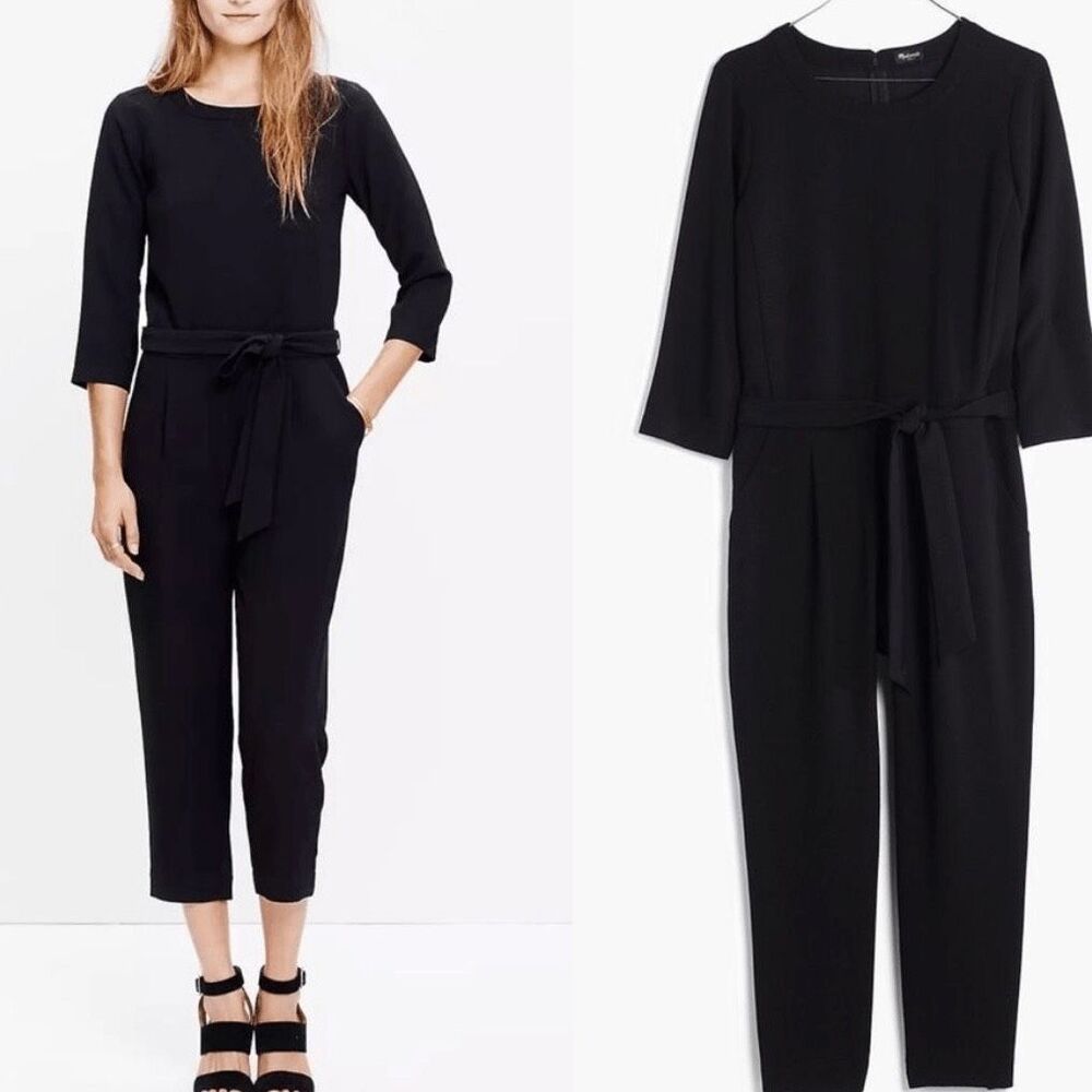 Madewell Black Tie-Waist Jumpsuit – 3/4 Sleeve | Crewneck | Size 4 - Picture 1 of 8